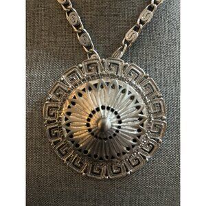 MONET Silver-Tone Greek Key Medallion Necklace Runway Etruscan Vtg 18 In S Chain